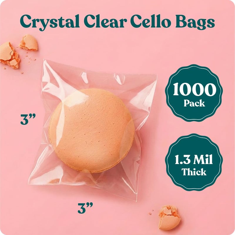 Pack It Chic - 3" X 3" Clear Self Sealing Cellophane Bags (1000 Pack) - Cookie Bags With Resealable Adhesive for Baked Goods Packaging, Candy, Small Treats, Bakery, Party Favors - Image 2